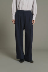 PANTALONI IN TWILL DI LANA NAVY A GAMBA AMPIA