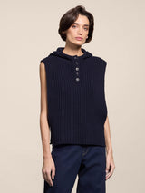 GILET CON CAPPUCCIO IN LANA A COSTE BLU NAVY